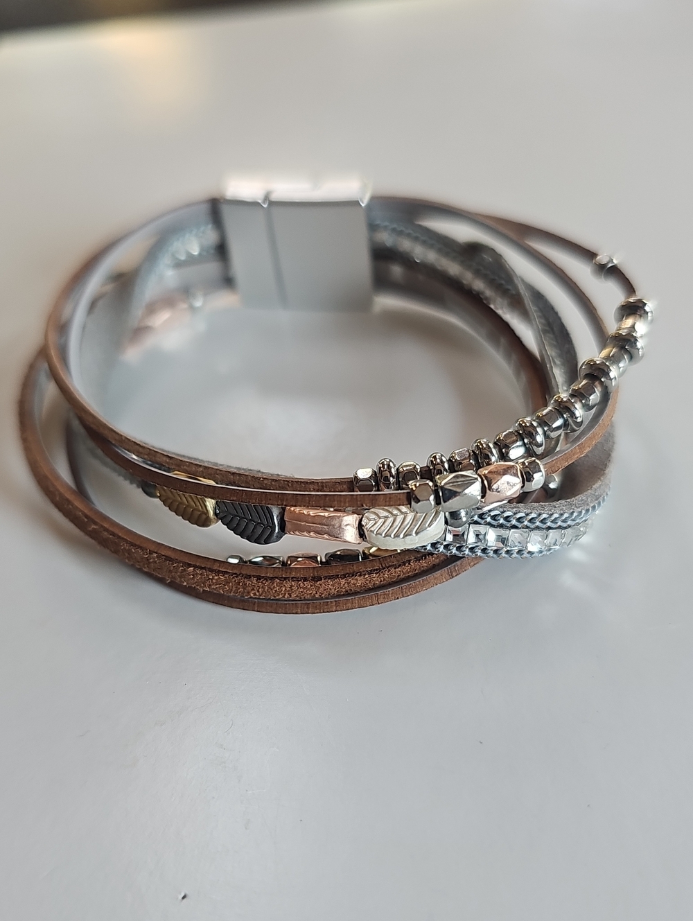 Multi-Row Brown and Silver Wrap Bracelet with Leaf Accents